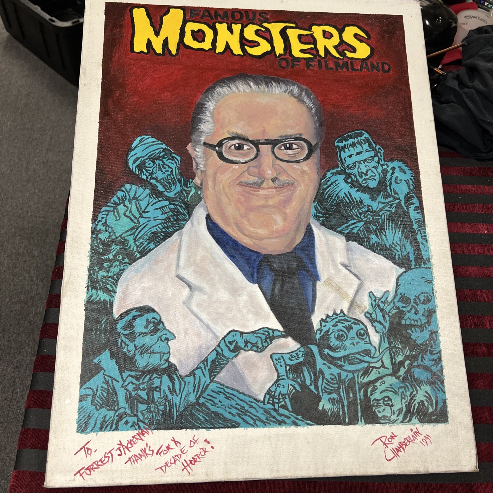 forrest j ackerman Decades Of Horror Oil Painting By Ron Chamberlain 1991 24×18