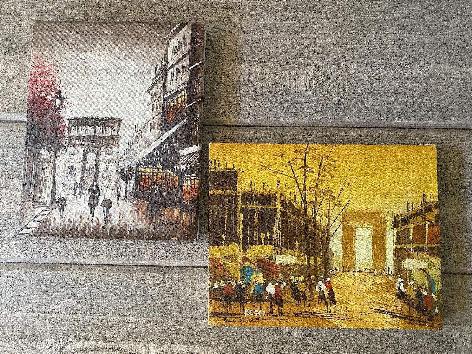 Signed Mid Century Modern Oil Paintings Parisian Street Scene 8” X 10” Set/2