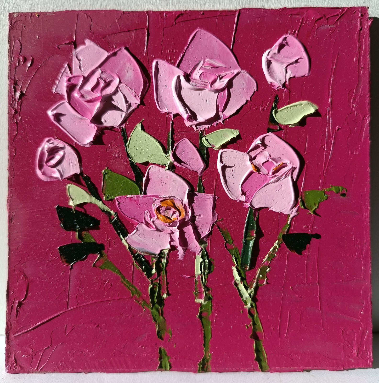 Handmade original impasto pink rose flowers floral oil painting 4.5 x 4.5 in