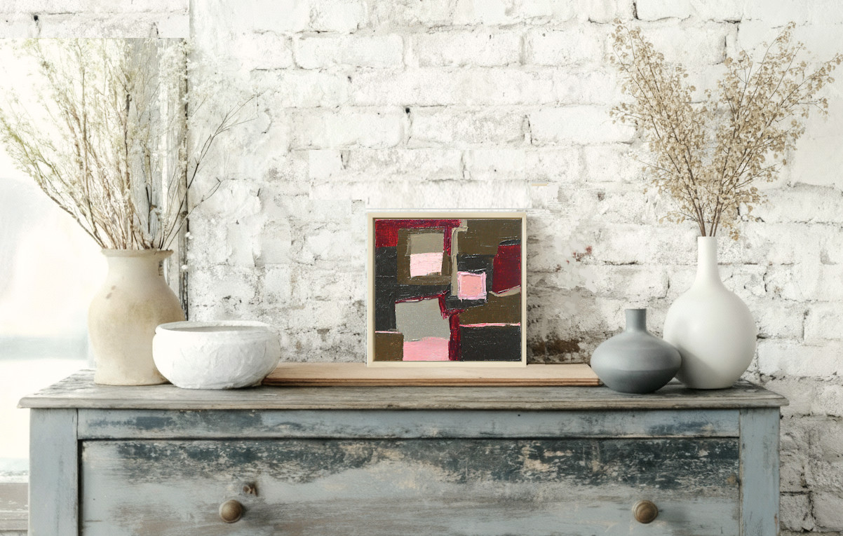 Framed Geometric Abstract Oil Painting Bold Red Pink Olive Green Textured Wall A