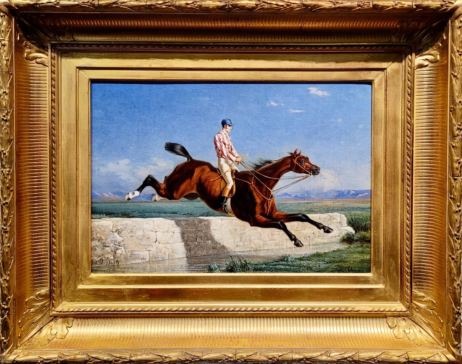 Bain-Jockey w/Horse jumping over the Ditch-19th century Oil Painting