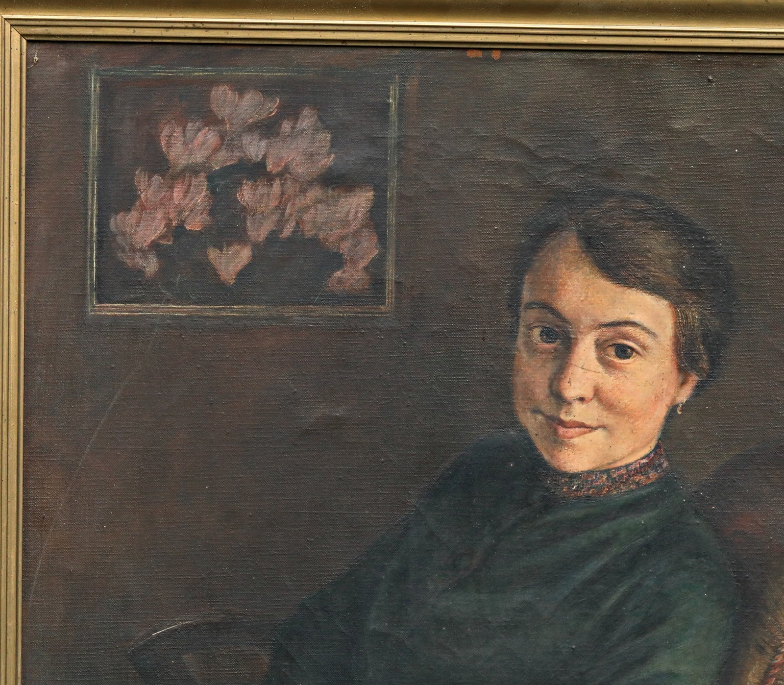 Antique Oil Painting of Lady Portrait in Armchair with Frame, Vintage