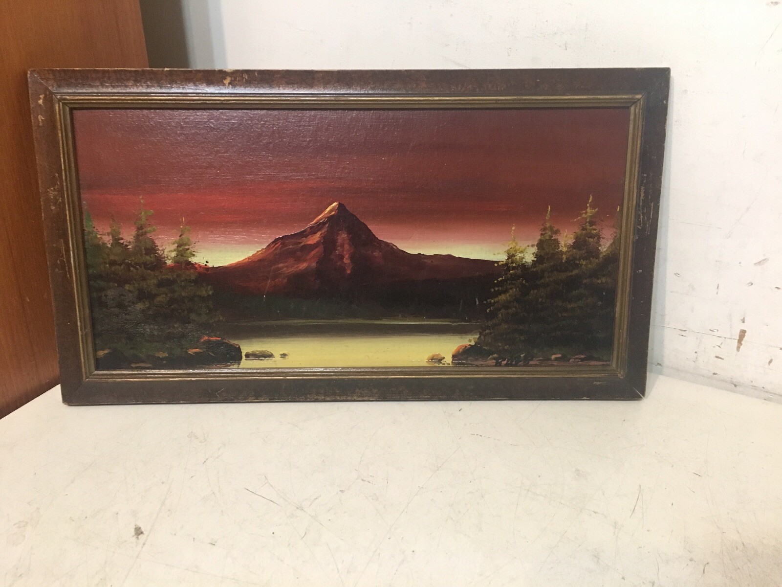 Antique Hudson River Luminist Painting Of Dark Sky Over Mountain Lake Top