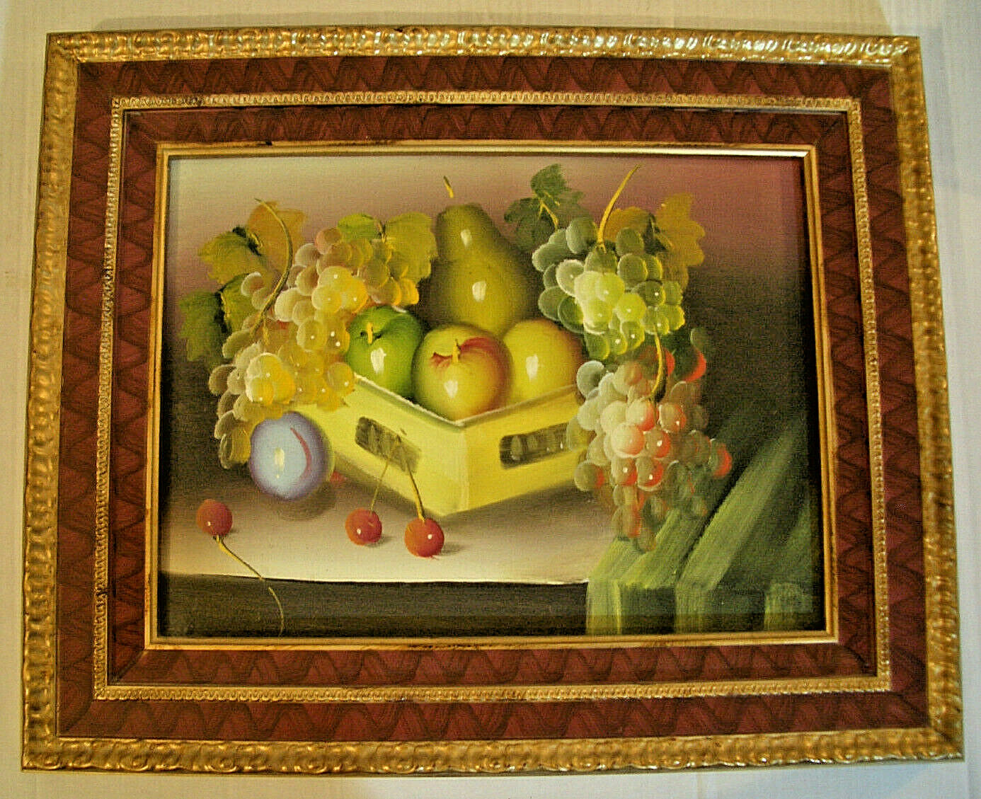 FRUIT BASKET STILL LIFE OIL PAINTING ON CANVAS 21 1/2″ X 18″ FRAMED