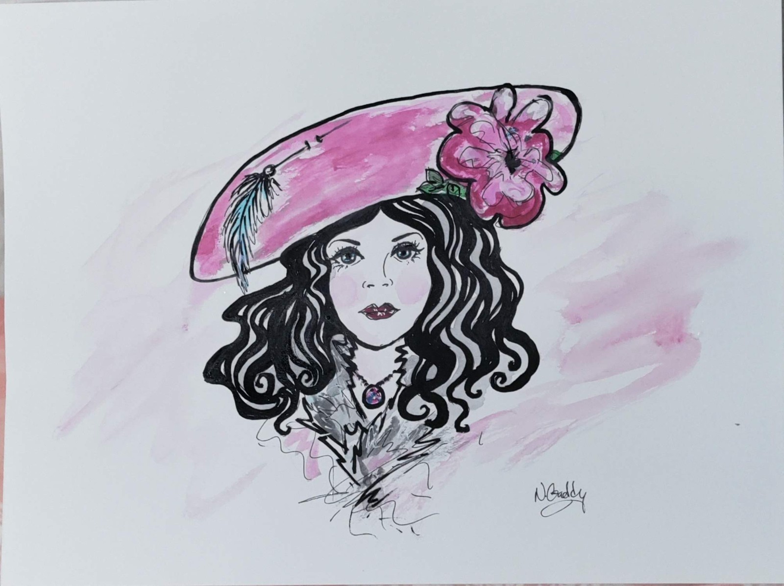 Original 9″x 12″ Abstract Expressive Girl In Pink Hat Acrylic Ink On PAPER Art