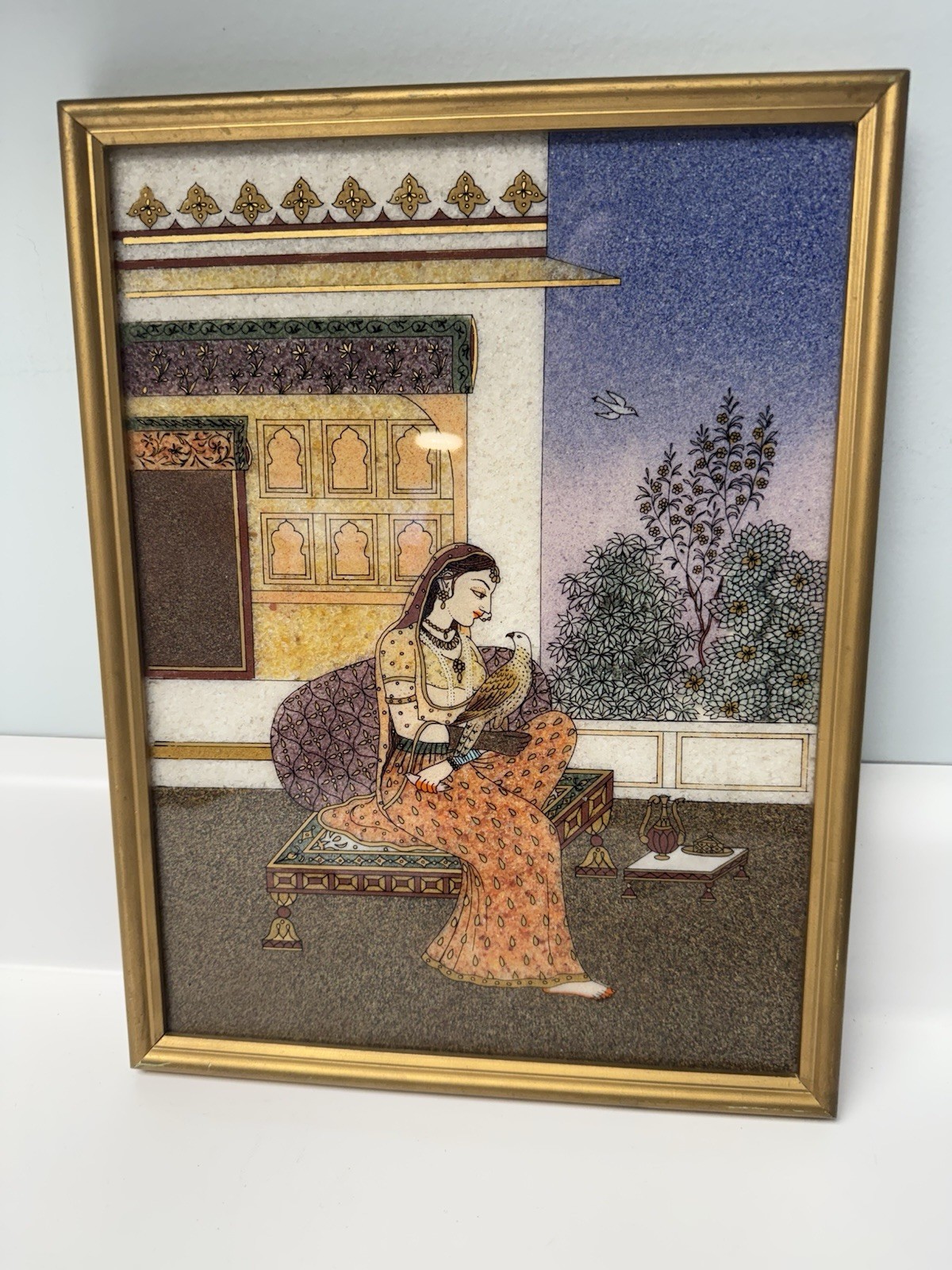 Vintage Ragini Indian Folk Art, Lady W/Falcon, Real Gemstones