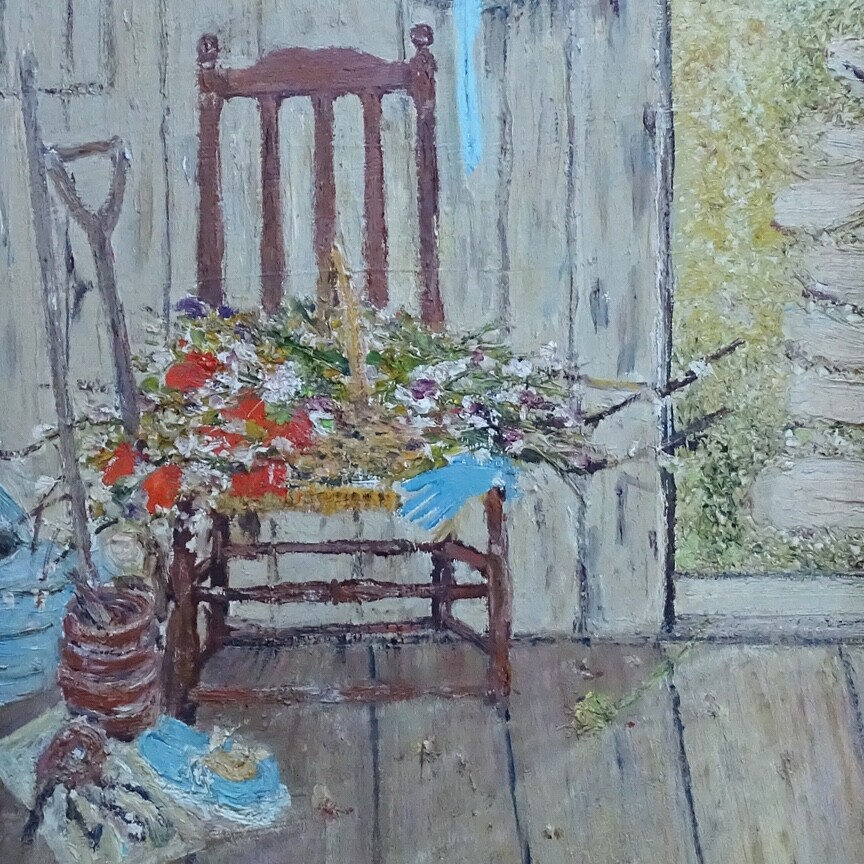 Signed House Interior Portrait Oil Painting Gardening Theme Flowers Shovel 19.75