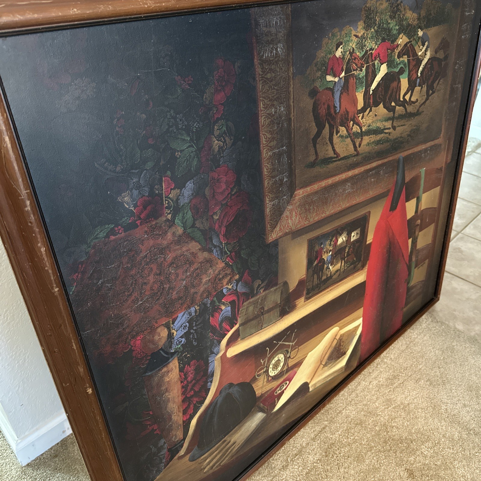Polo Players Sport Red Team Vintage Painting Signed