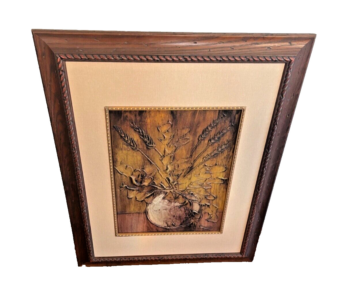 Vintage Relief Painting Vase Leaves Wheat Brown Tones Framed