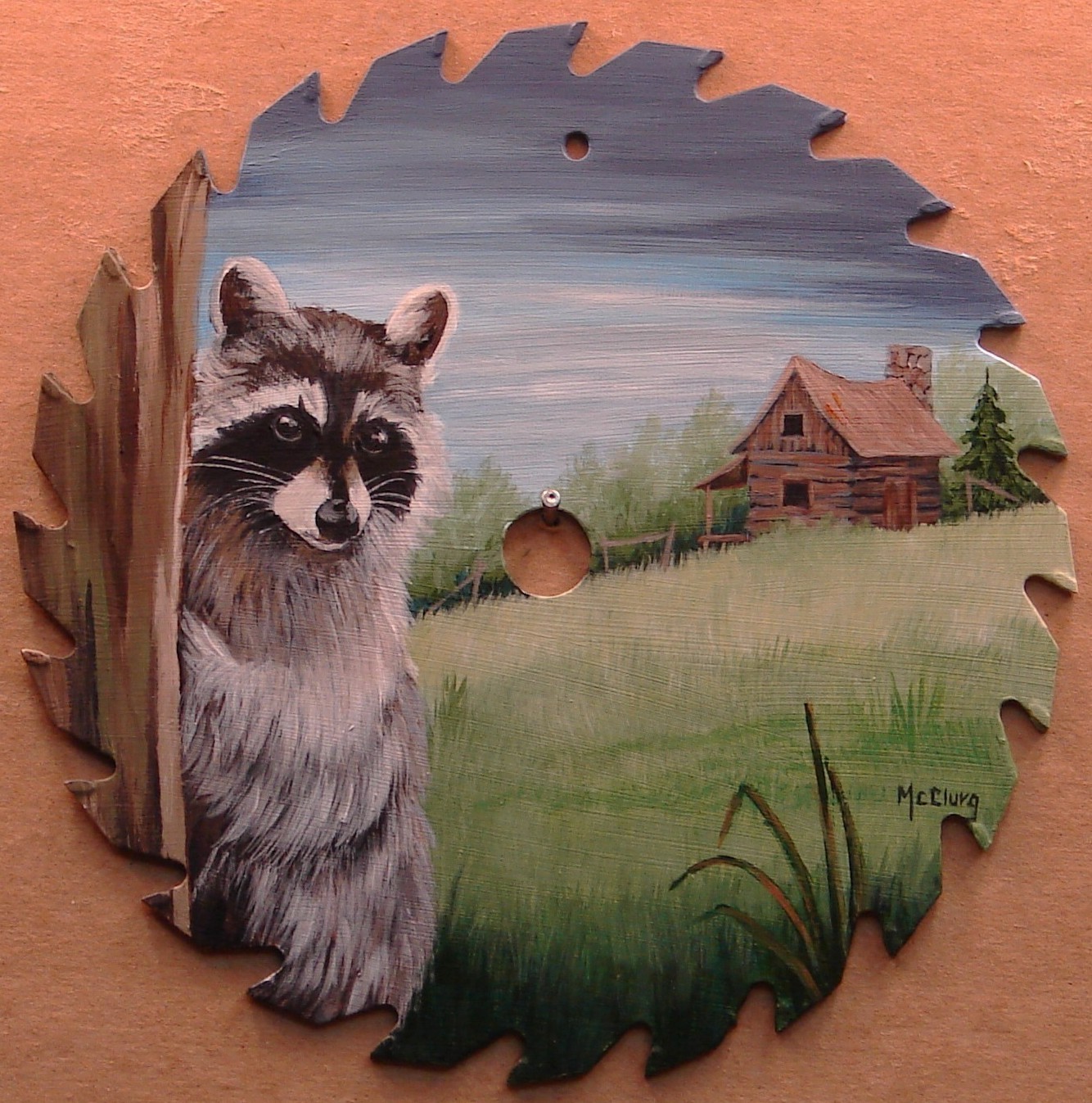 Original Hand Painted Saw Blade Raccoon Mountain Log Cabin 7.25 inches Acrylic