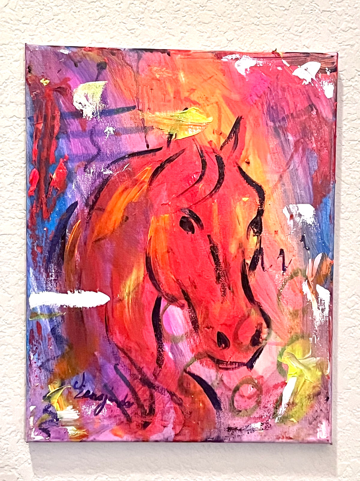 GUAJARDO Original Expressionism Neon Red Horse 14X11 Canvas Signed Art