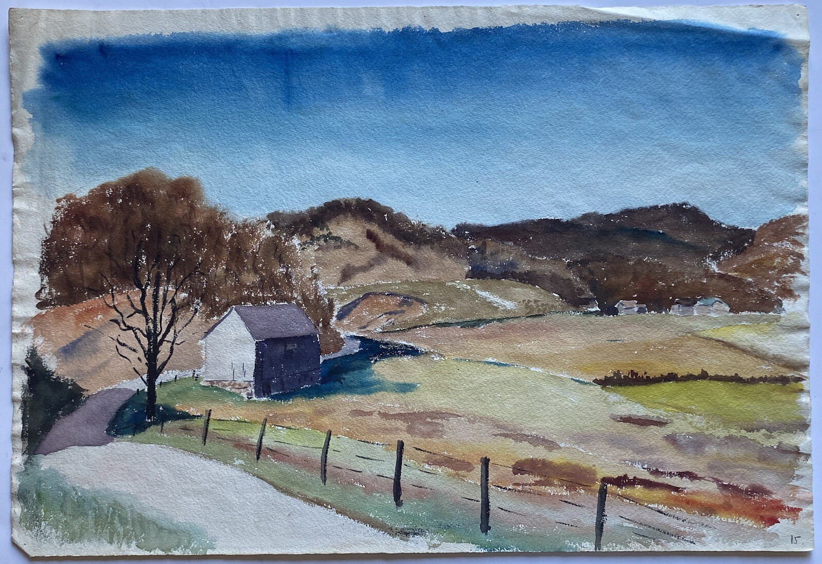 40s 50s Modernist Country Farm Barn Landscape Watercolor Painting Mystery Artist
