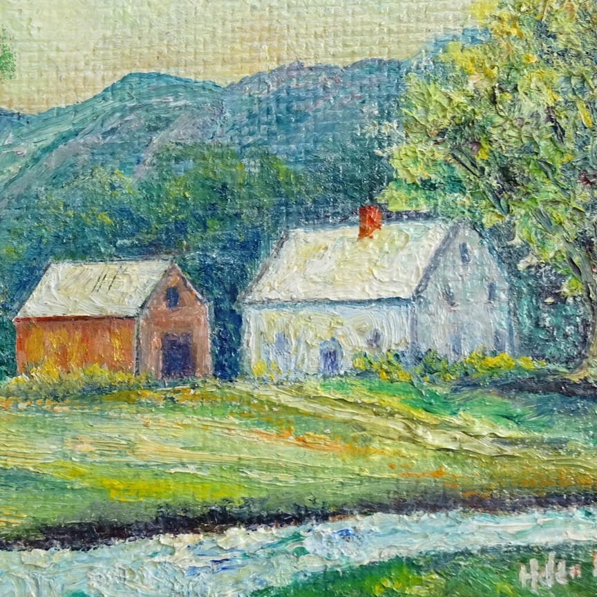 Vint Miniature Naive Landscape Oil Painting Farmhouse Barn Stream Signed 9.5×7.5
