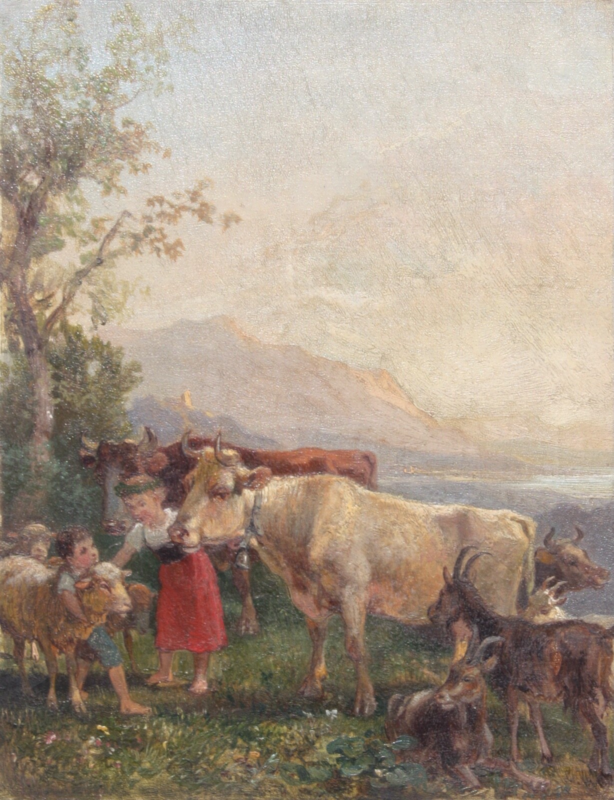 Children with Cows & Sheep in an Idyllic Mountain Landscape, Painting, 19th century