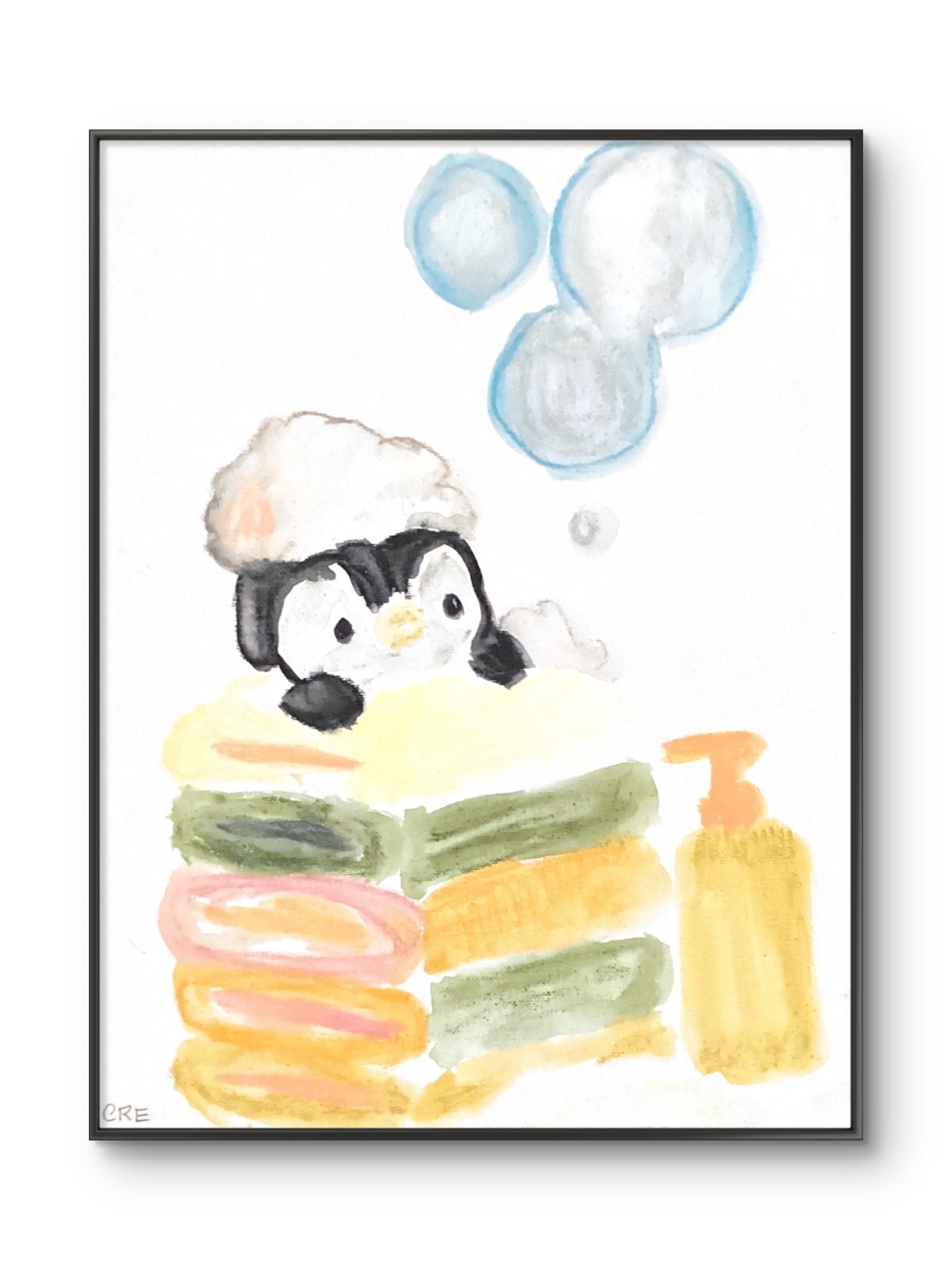Penguin Spa Minimalist Bubble Bathroom Original Art 11 by 14 Canvas Panel