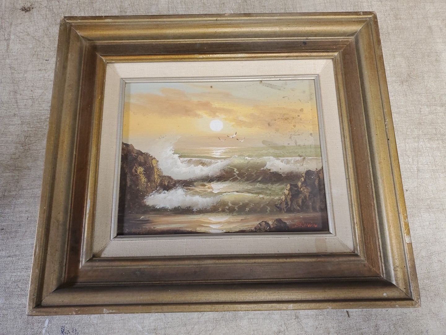 Oil On Canvase Sea Ocean Landscape Rocky Shore Waves Seagulls Sunset Sunrise