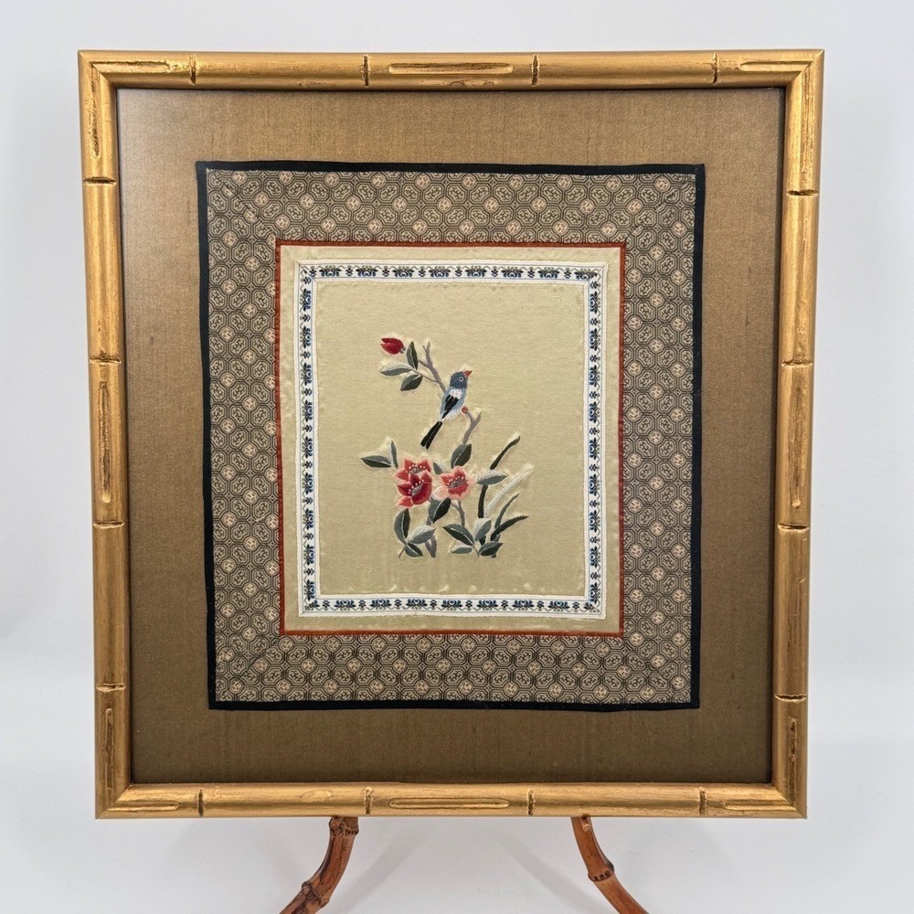 Chinese Silk Embroidery of Bird and Flowers in Bamboo Frame