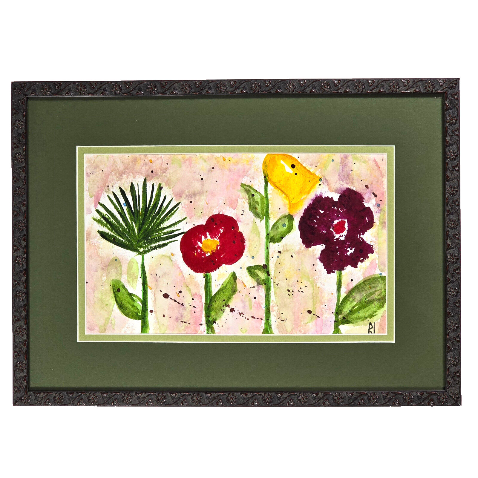 Matted & Framed Original Floral Watercolor, «Garden Flowers», by PJ, Yellow, Red