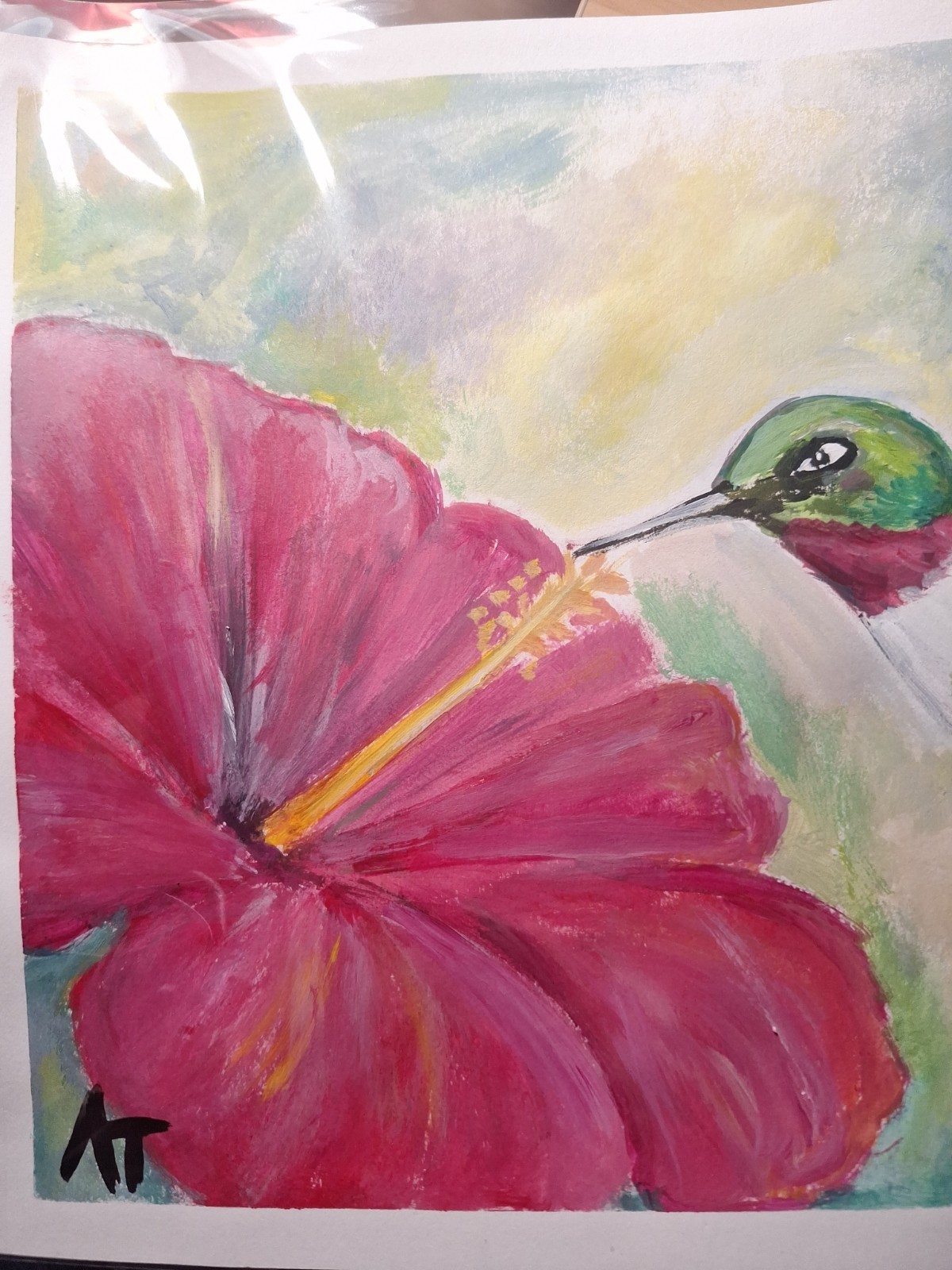 Original Golden 9×12 Impressionist Hummingbird Acrylic Paper Signed Home Decor