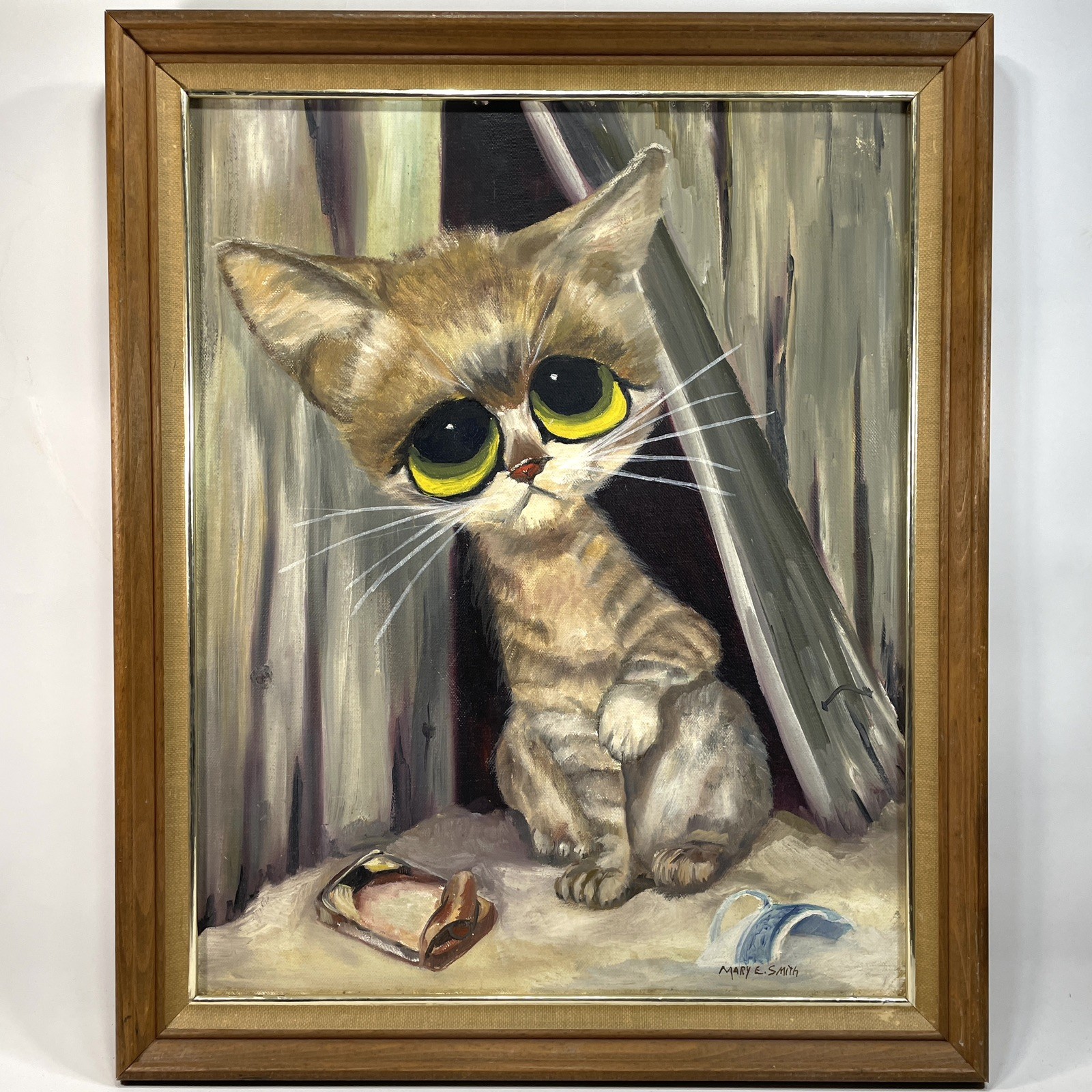 60s Oil Painting Canvas BIG EYES CAT PITTY KITTY SAD KITTEN GIG Keane MCM 20×16