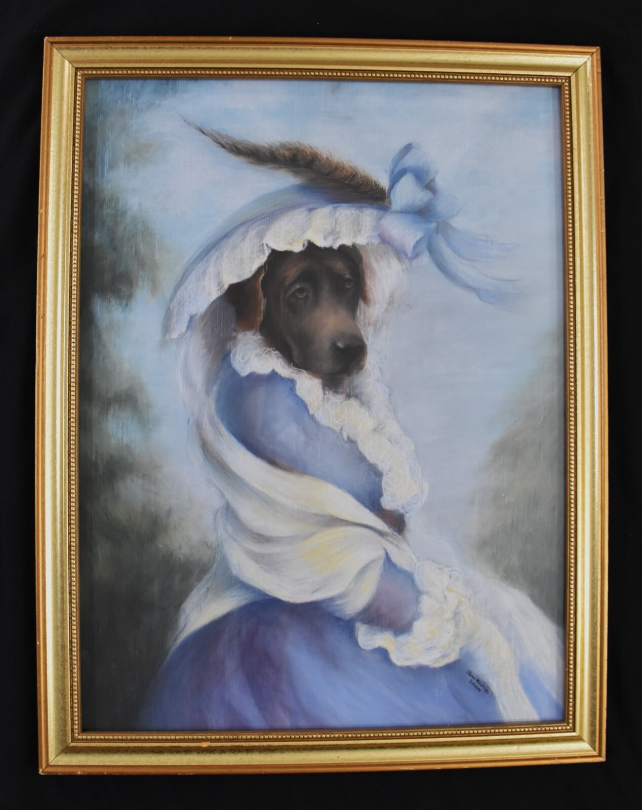 PENN MICHIE Pastel Painting «Lady with the face of a sad dog», framed 26.5×20.5″
