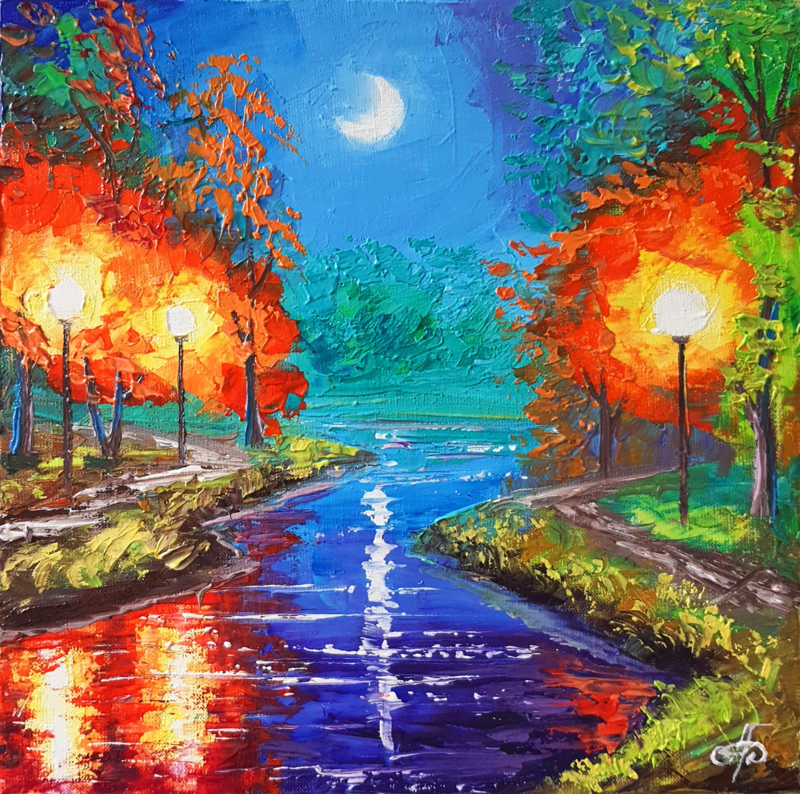 Autumn Night River Painting Park Lights Reflection Moon Path Wall Art Gift Decor