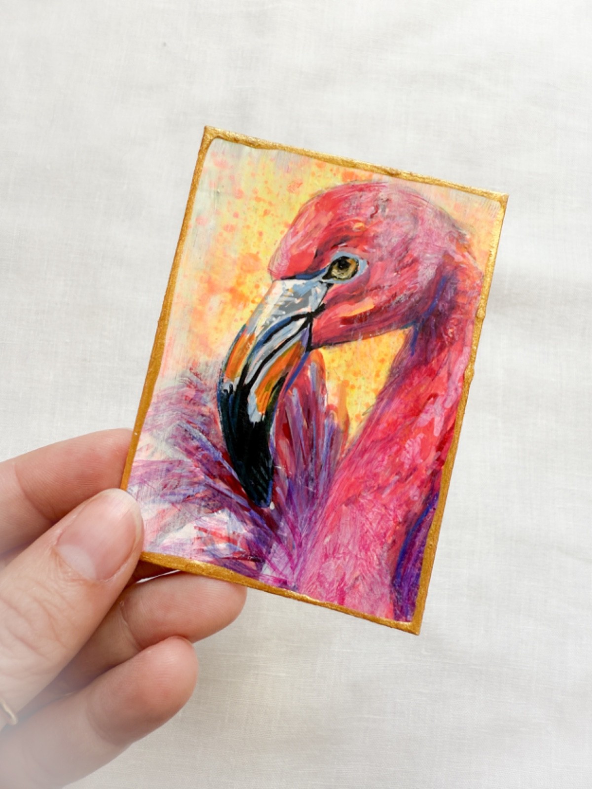 Flamingo Original Miniature Oil Painting by R.Machan 2.5″x3.5″ Animal Art ATC