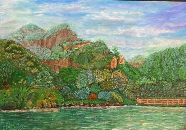Oil Pastel Painting with Sanded Paper Mountain Landscape 13×18″