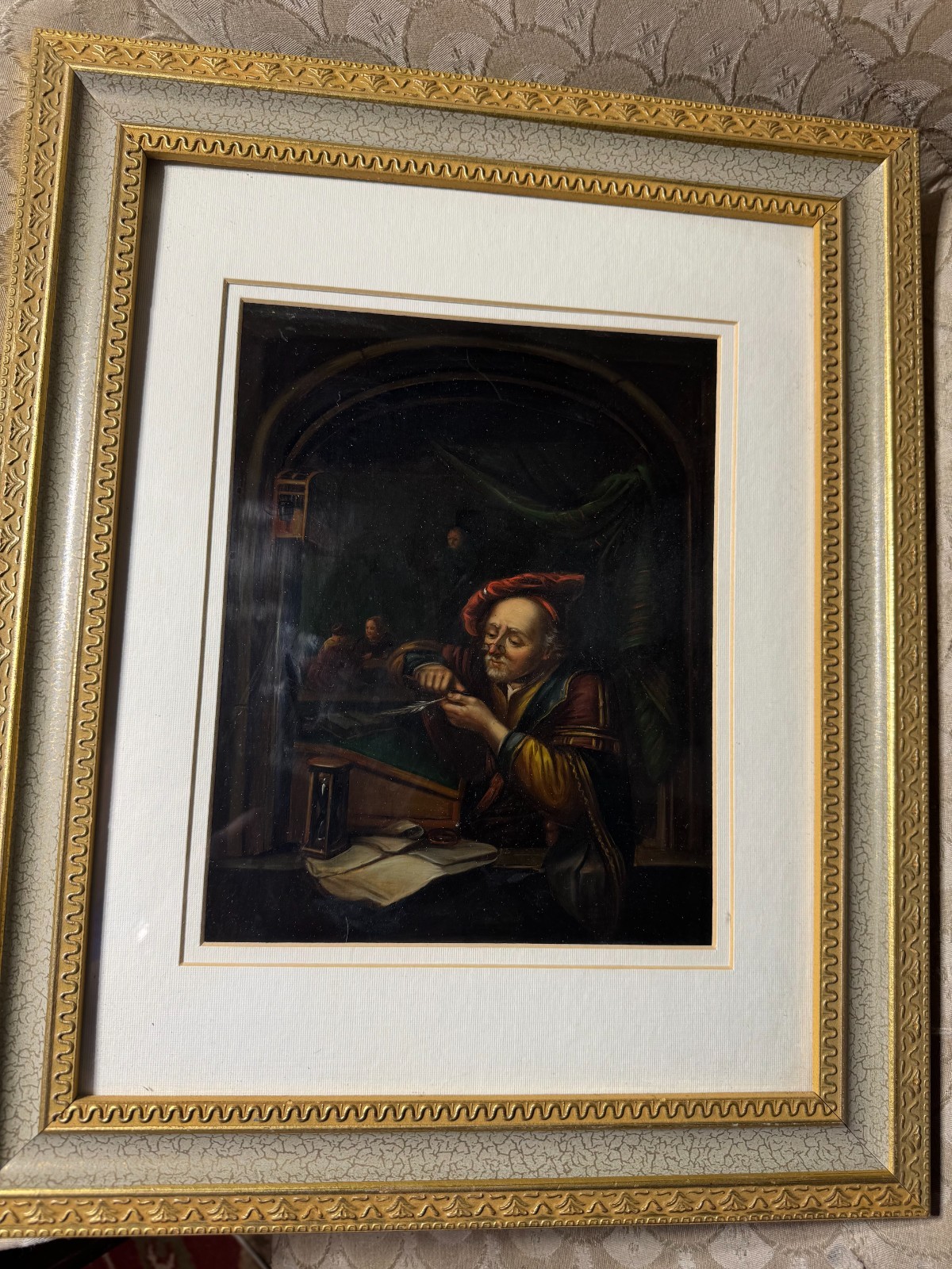 Stunning Antique «Man Sharpening Quill Pen» Oil On Metal Painting – Framed