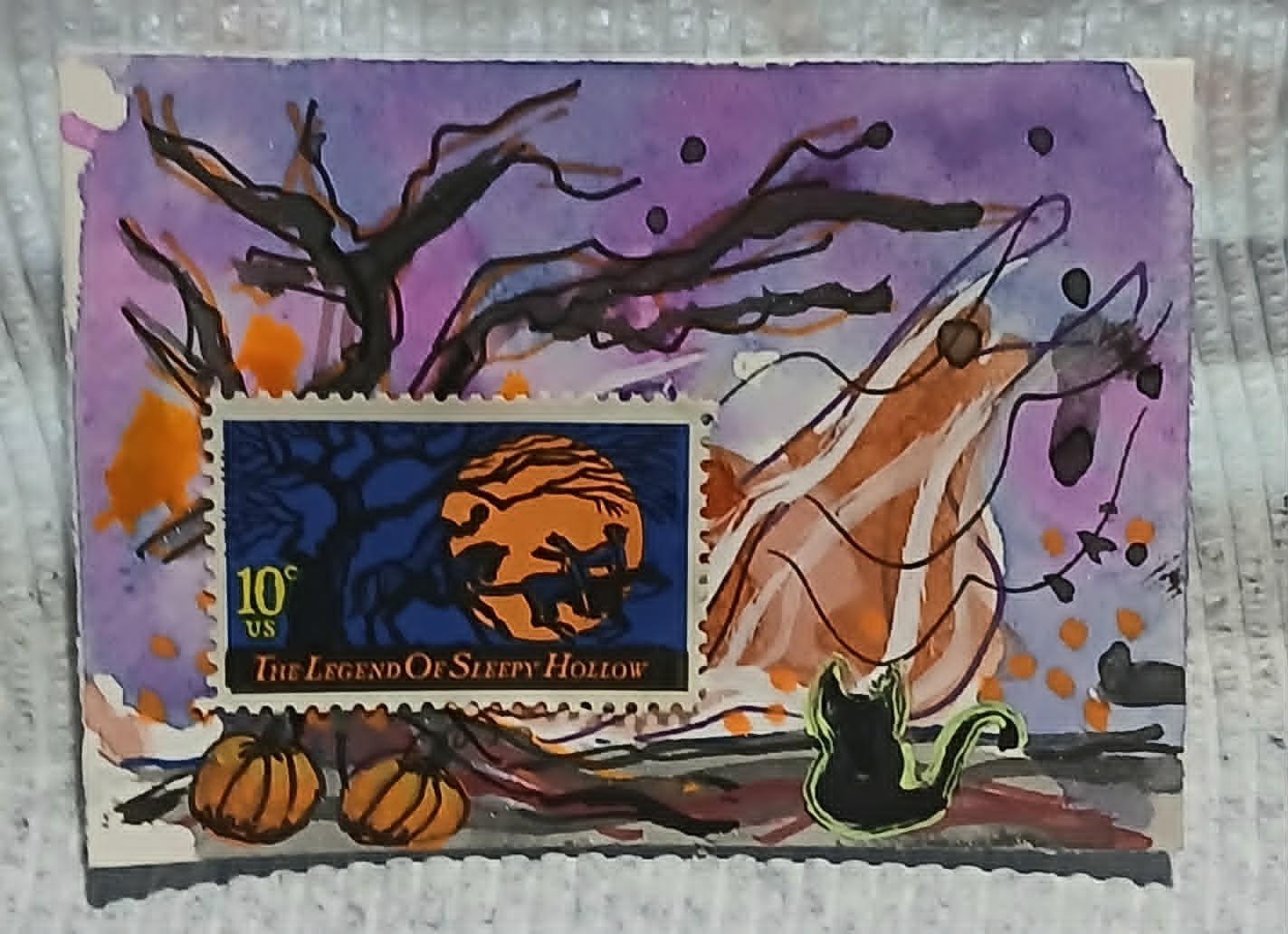 Postal Whimsy OOAK ACEO – Sleepy Hollow 10¢ Stamp Storybook Watercolor Scribble