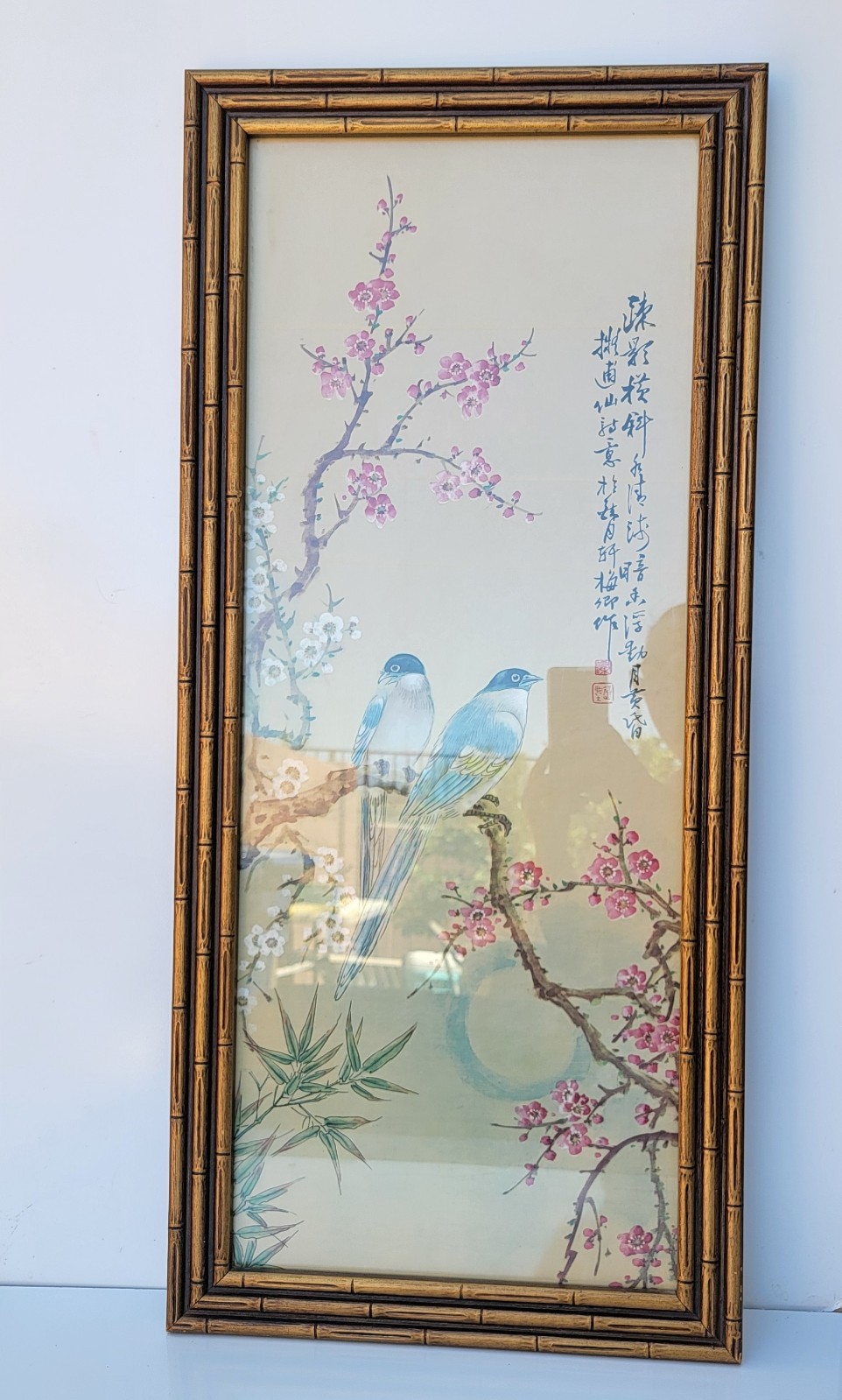 Vintage Chinoiserie Asian Framed Painting 33×15 Bird Cherry Blossom Art