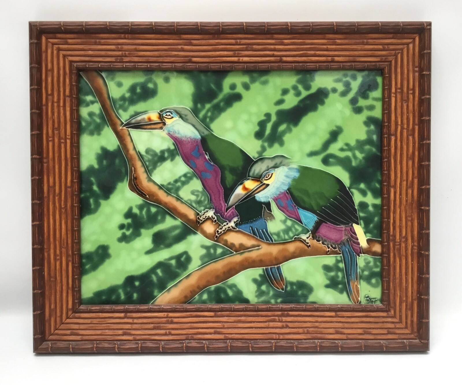 Toucan Birds Tile Art Painting Signed BLT 14” x 11” Framed
