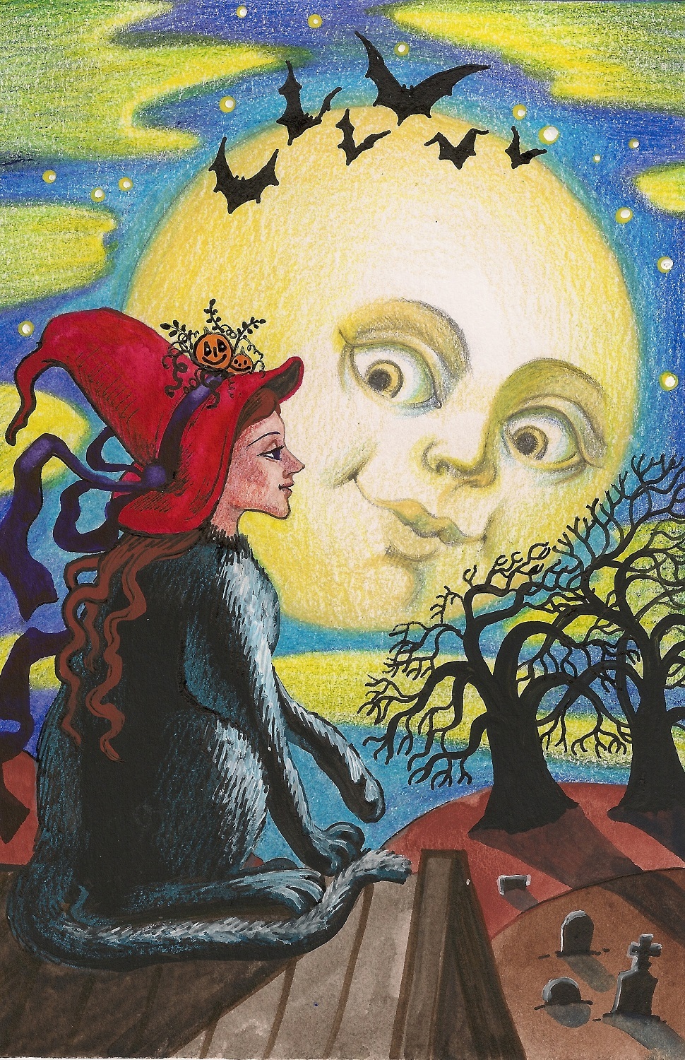 4×6 PRINT OF PAINTING RYTA HALLOWEEN WITCH BLACK CAT Salem Folk Art Moon Farm 🌘