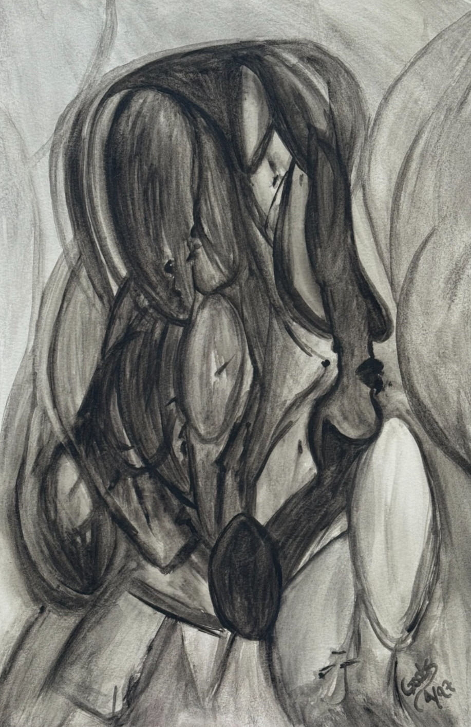 GOOBS SIGNED ABSTRACT WATERCOLOR DRAWING PAINTING WOMEN FACES & FIGURES ORIGINAL