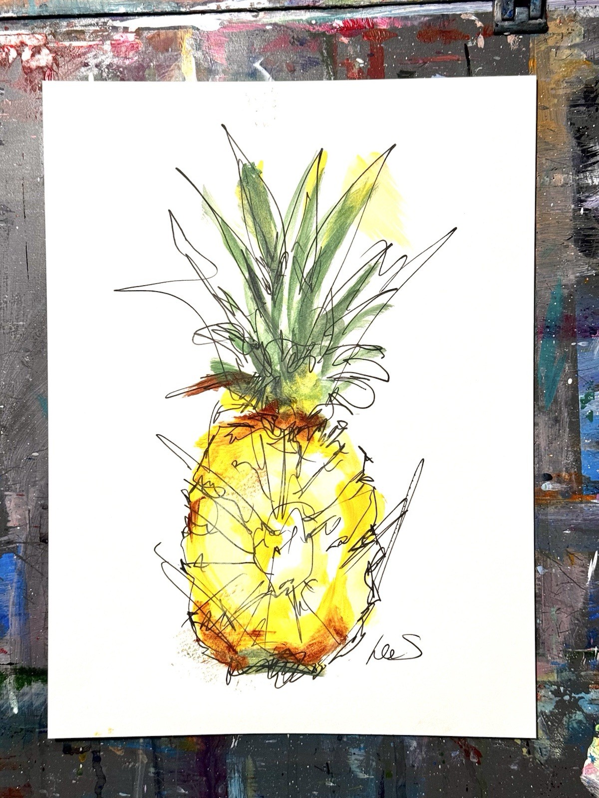 Original Abstract Expressionism 9X12 Pineapple 2 Paper Ink Handmade Signed 15
