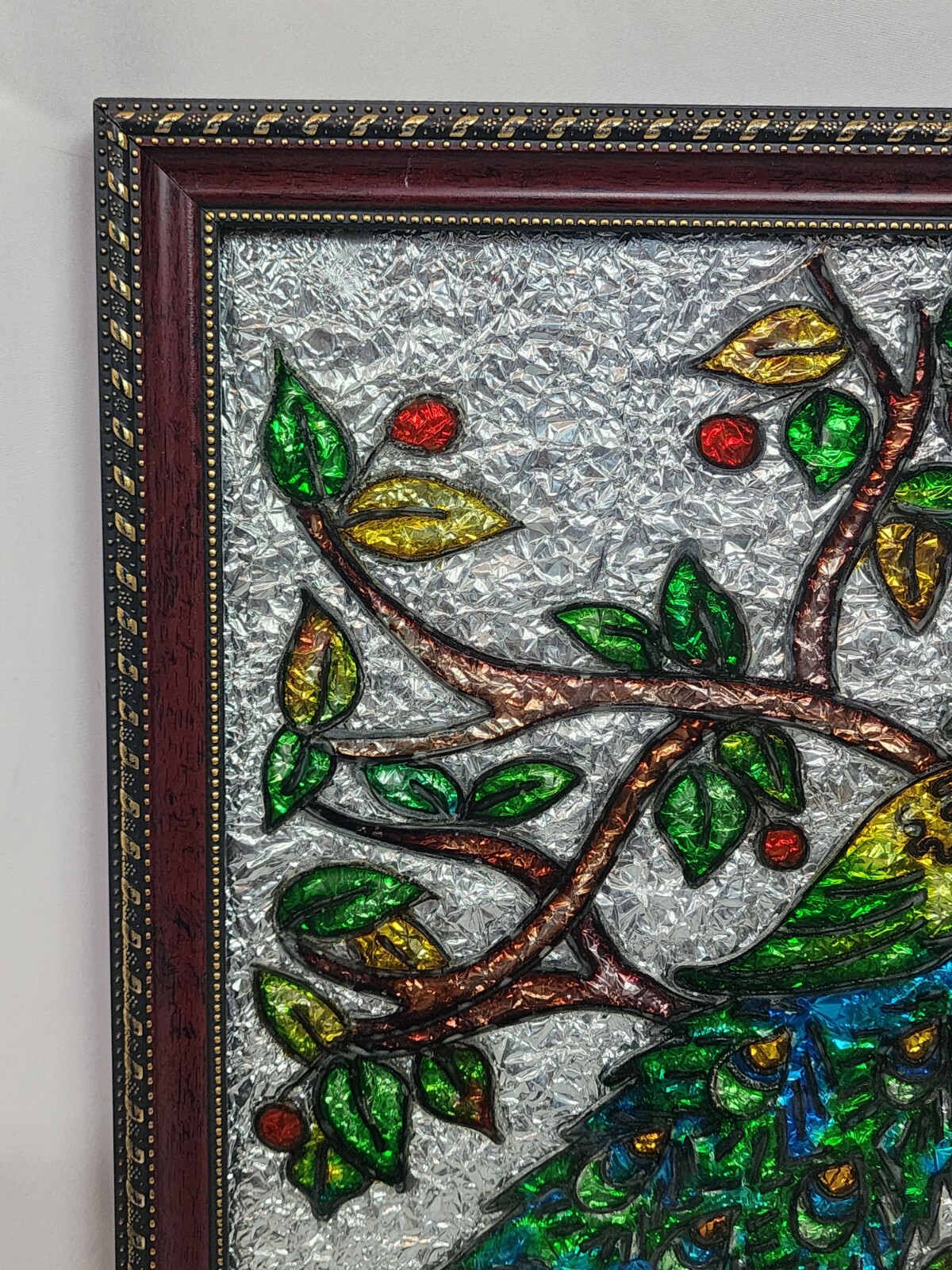 Vintage Aluminum Foil Art, Peacock, Reverse Painted
