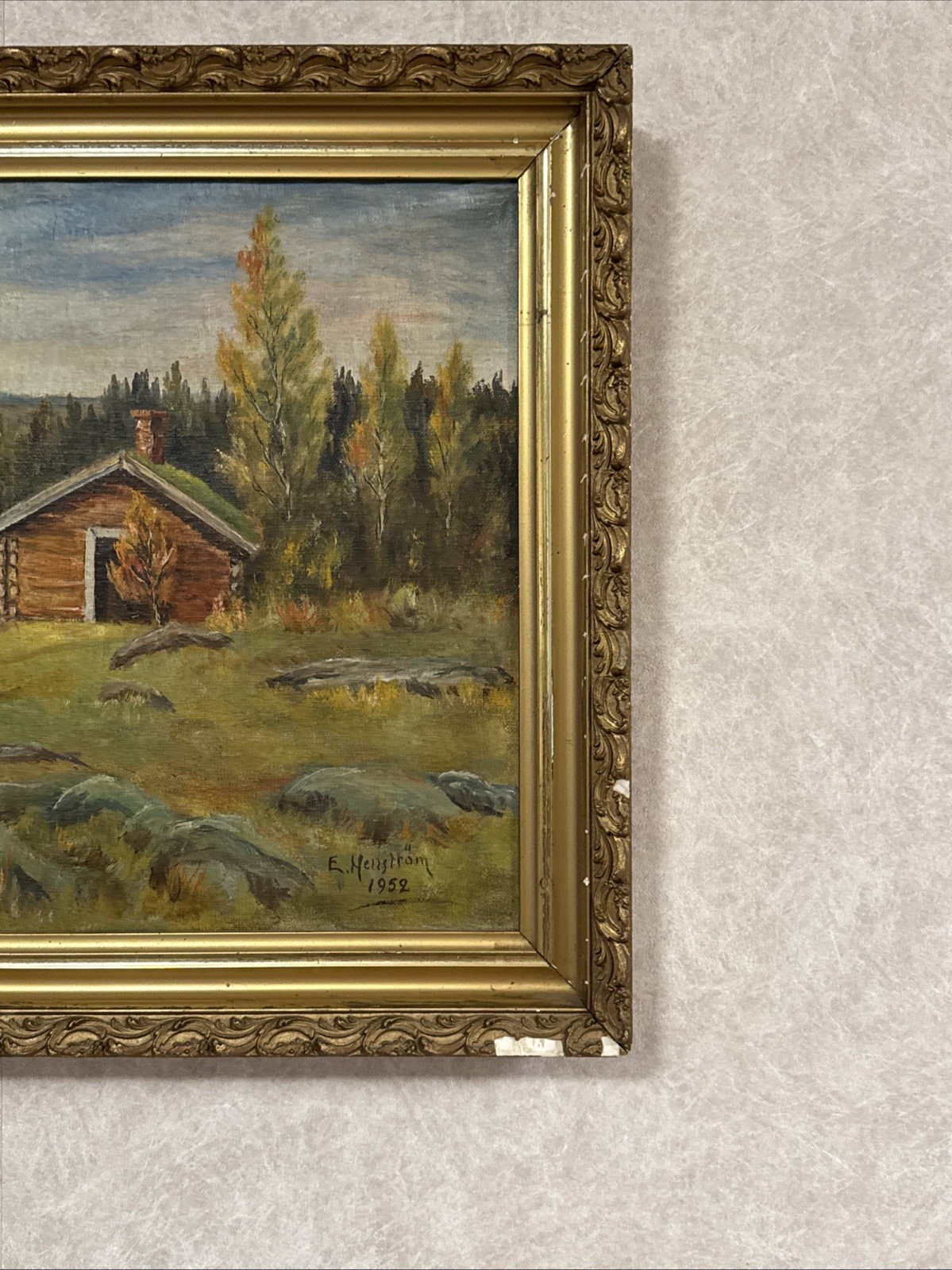 Vintage Swedish Landscape Oil Painting by E. Hallstrom on Canvas 1952