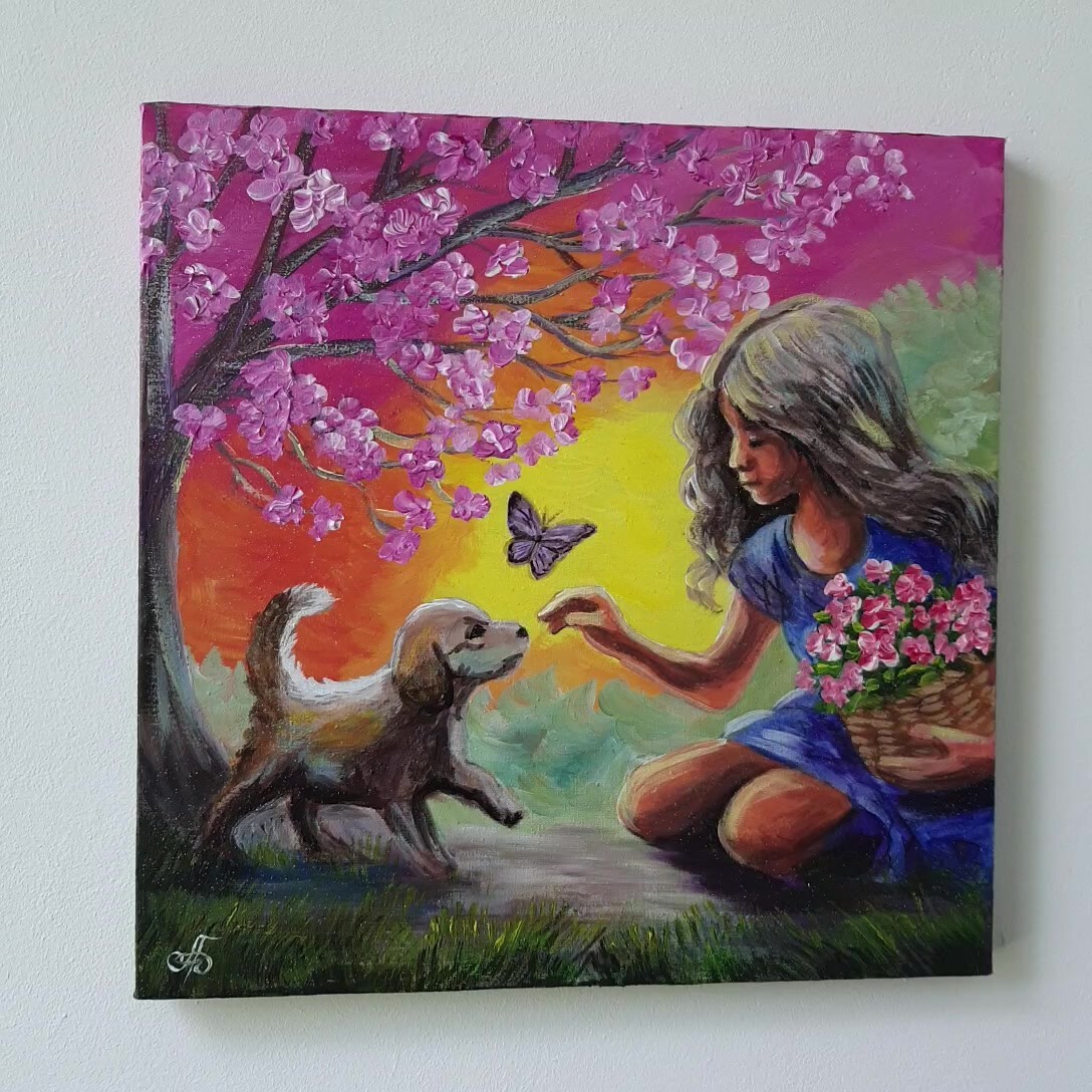 Painting Spring Bloom Puppy Signed Wall Art Decor Gift Original Ukrainian Artist