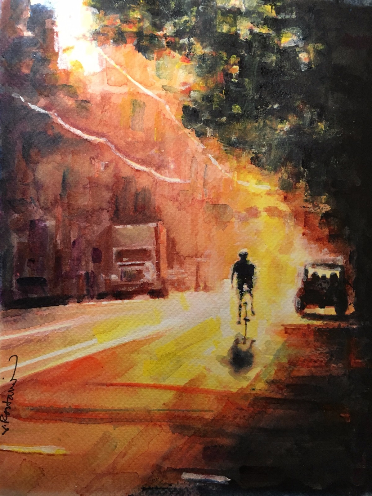 A-691 Watercolor Painting «Cycling in Manhattan» Gift Idea nyc sport city light