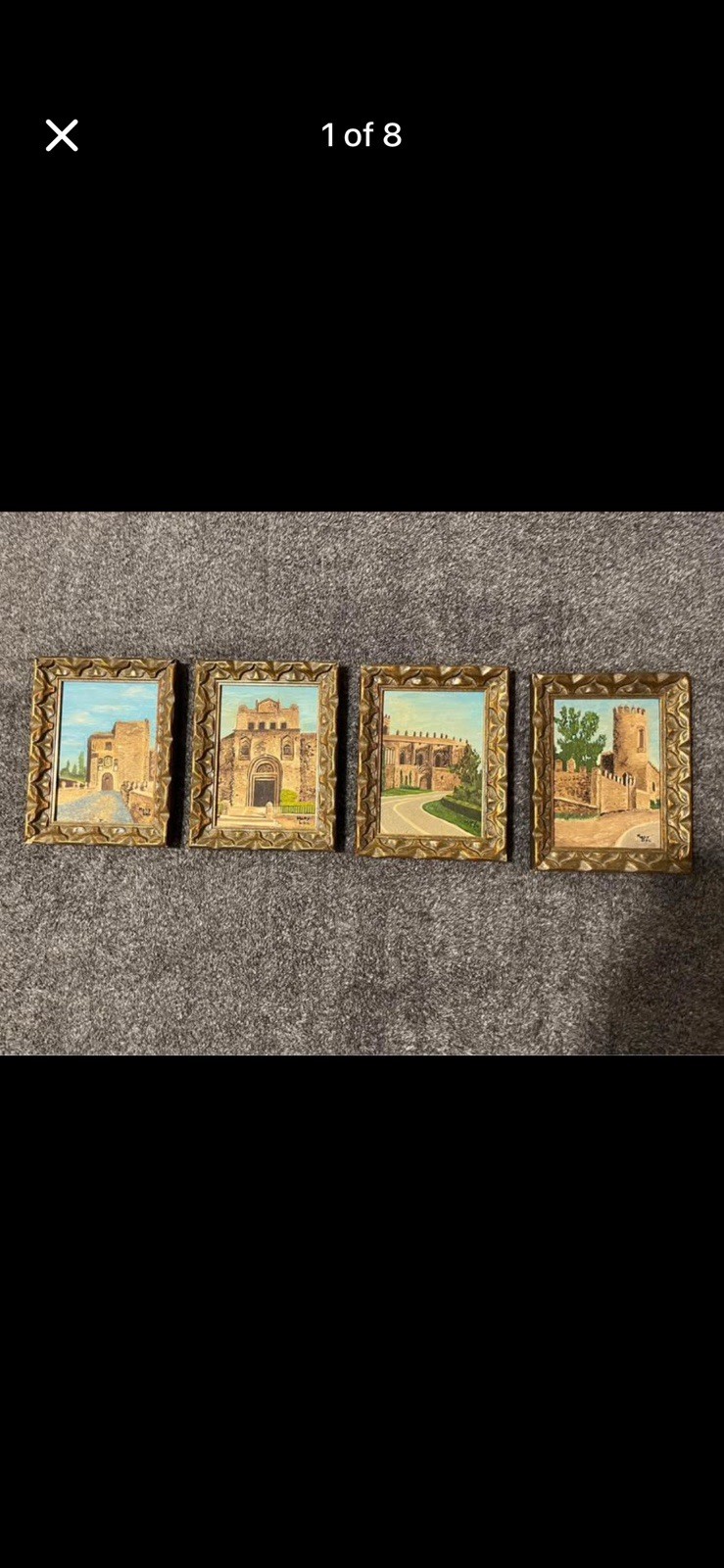 Vintage Mid‑Century Old World Architecture Oil Paintings Set Of 4 Castle Spain