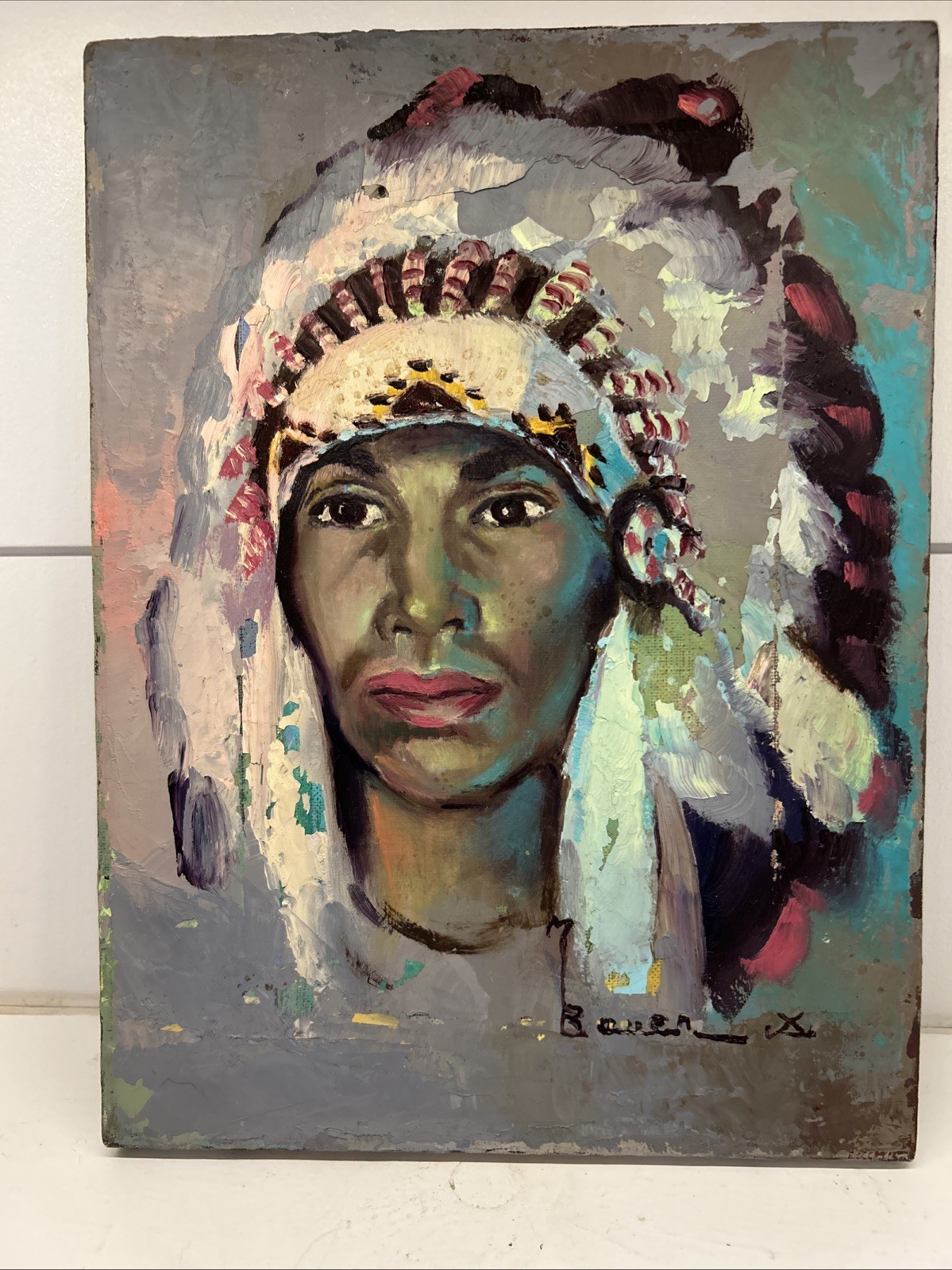 Oil Pianting Native American Chief Traditional Feathered Headdress 9X12