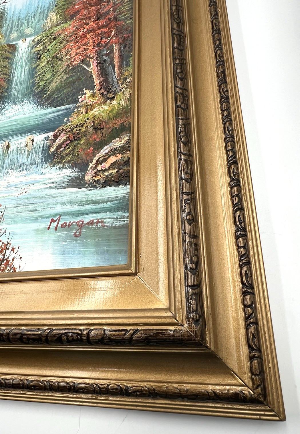 VTG Signed Framed Impressionist Oil Canvas Painting Mountain Waterfall 21½ x 17½