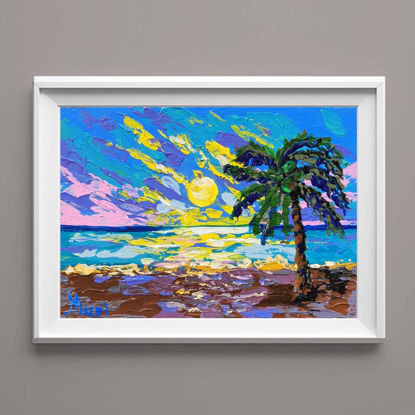 Sunset Palm Tree Seascape Painting Original Art Ocean Beach Wall Decor 6×8 in