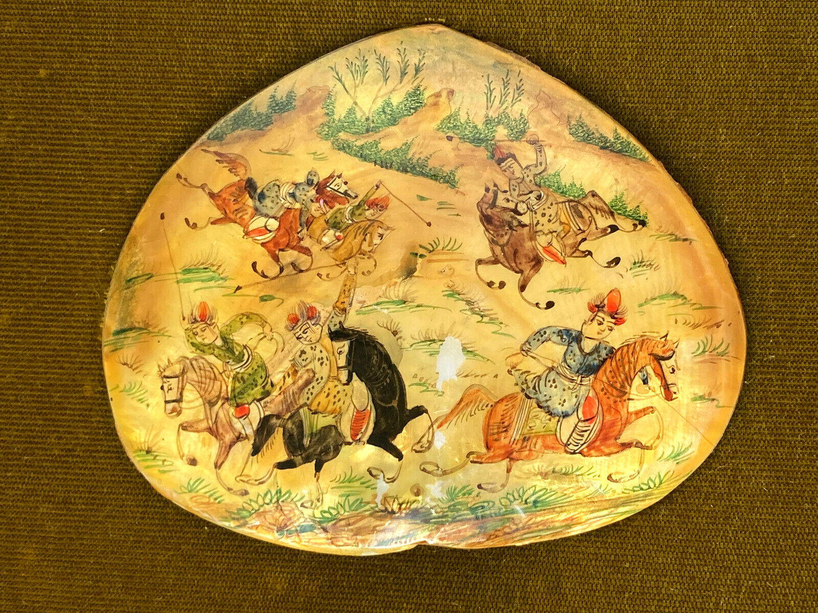 Persian Wall Art 11″ x 11″ Painted Shell Hunting Khatam Inlay Marquetry Framed