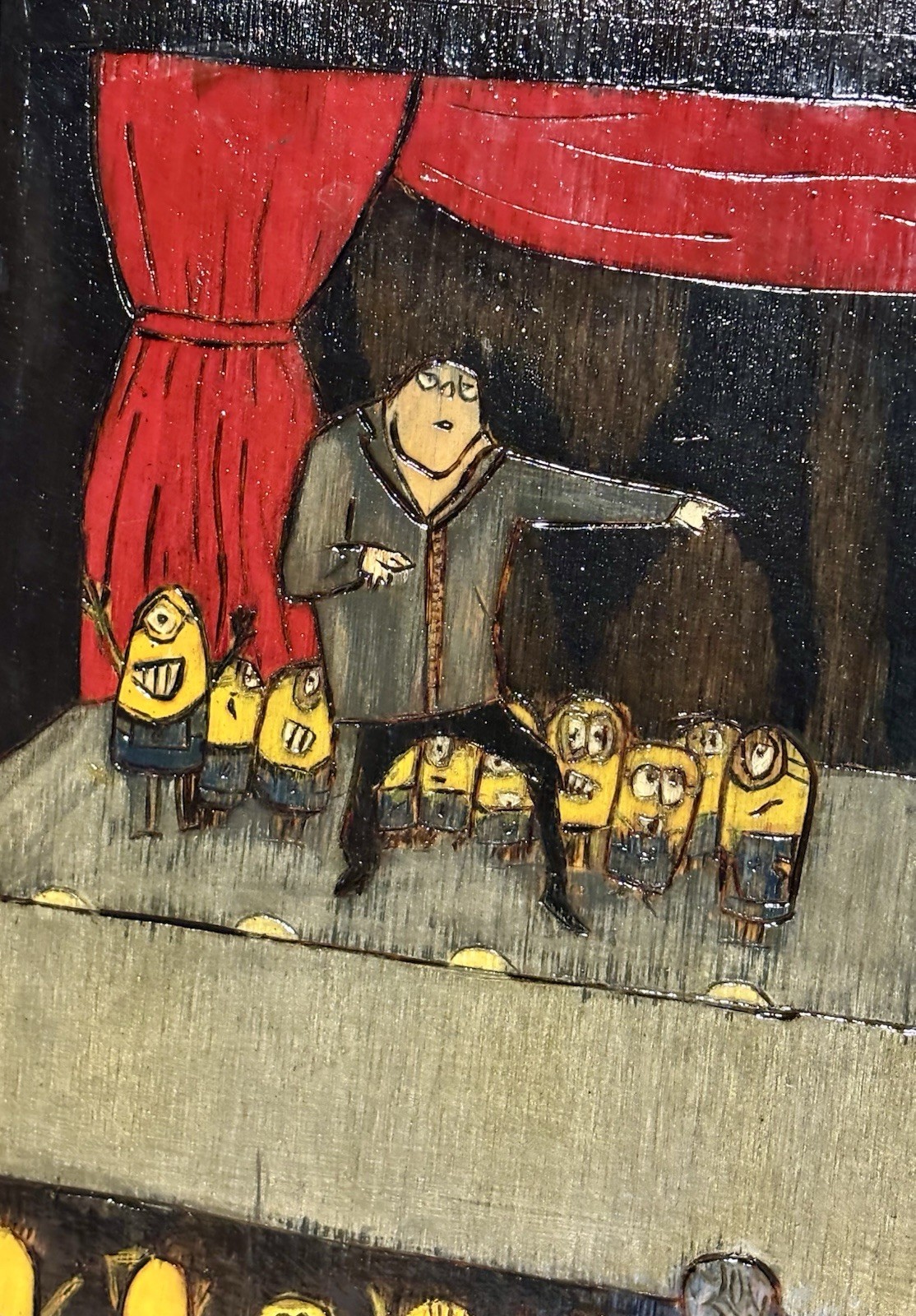 Despicable Me Gru & Minions Inspired Wood Burned Pyrography Fan Art Yellow Red