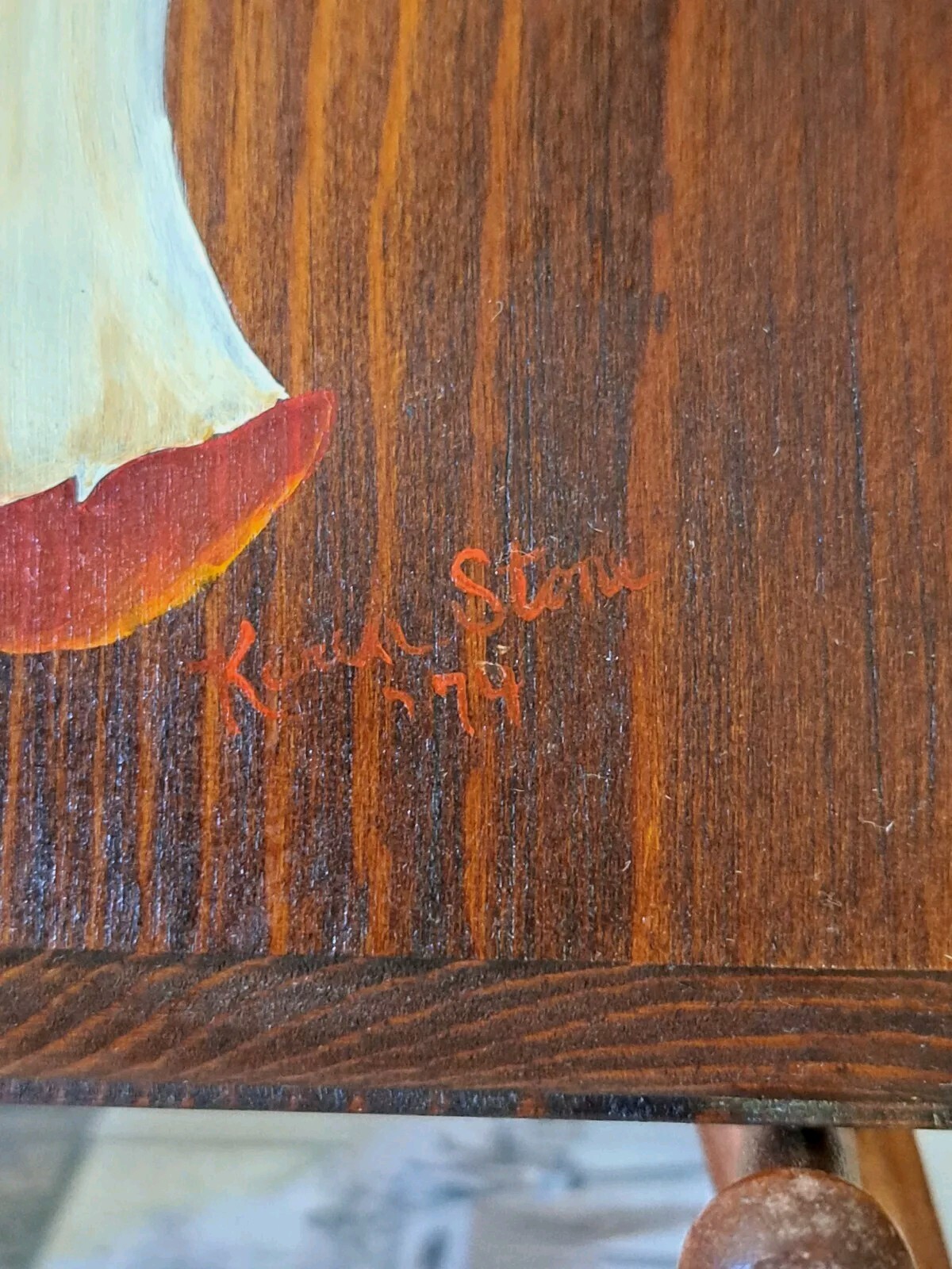 Primitive Style Original Painting On Wood Board Apple Stages Karen Stone 1974