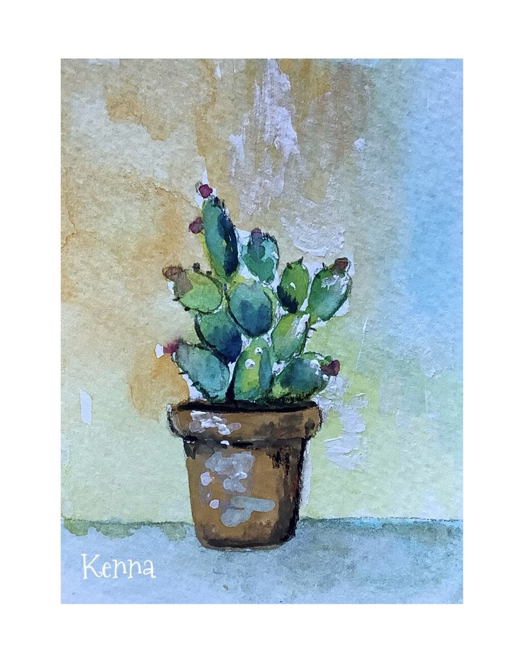 Aceo Art By Kenna 2.5”” X 3.5” Cactus In Pot Painting Signed Original