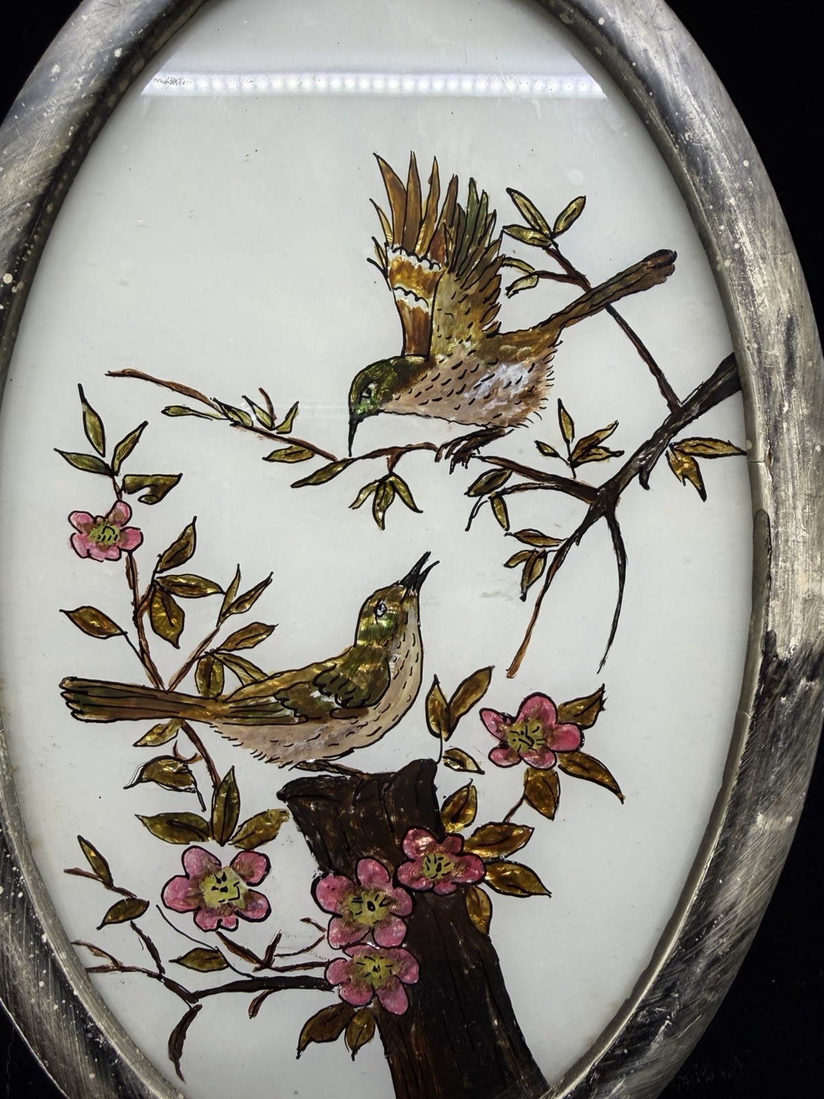 Vintage Framed Aluminum Foil Art, Birds On Floral Branches 10.5” Reverse Painted