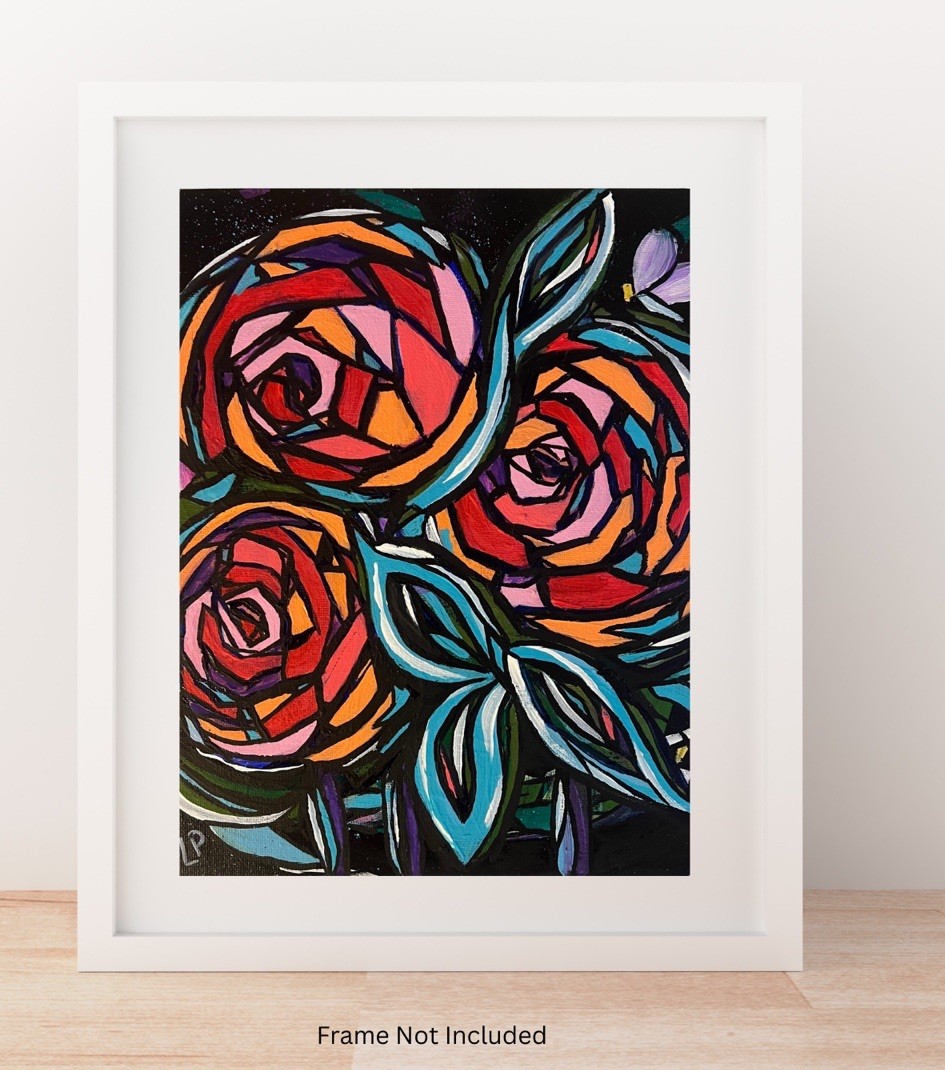 Original 8×10” Abstract Cubist Multicolor Rose Floral Acrylic Canvas Panel VLP