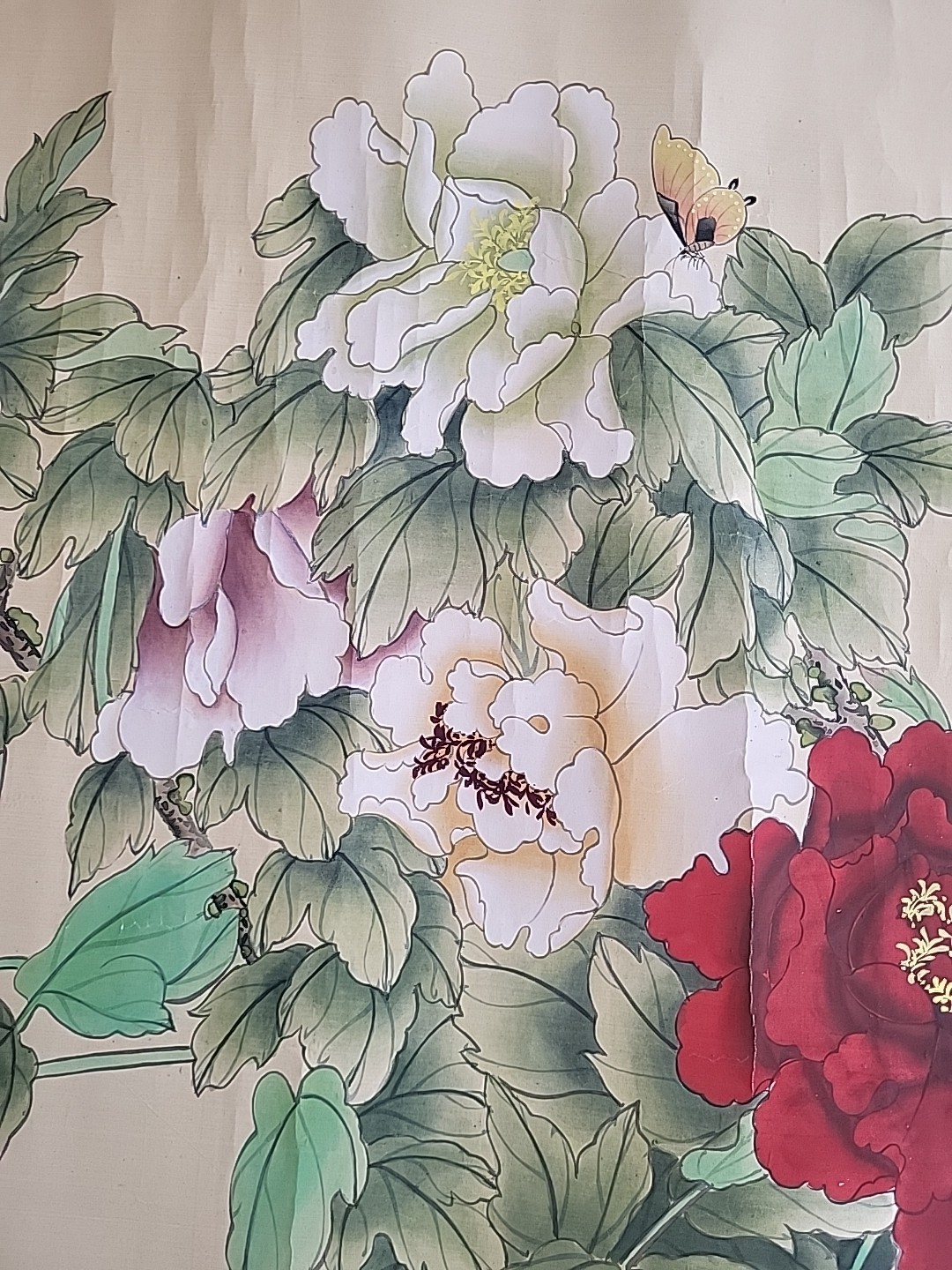 Chinese Large meticulous brushwork painting of peonies and butterfly. By LiJuan